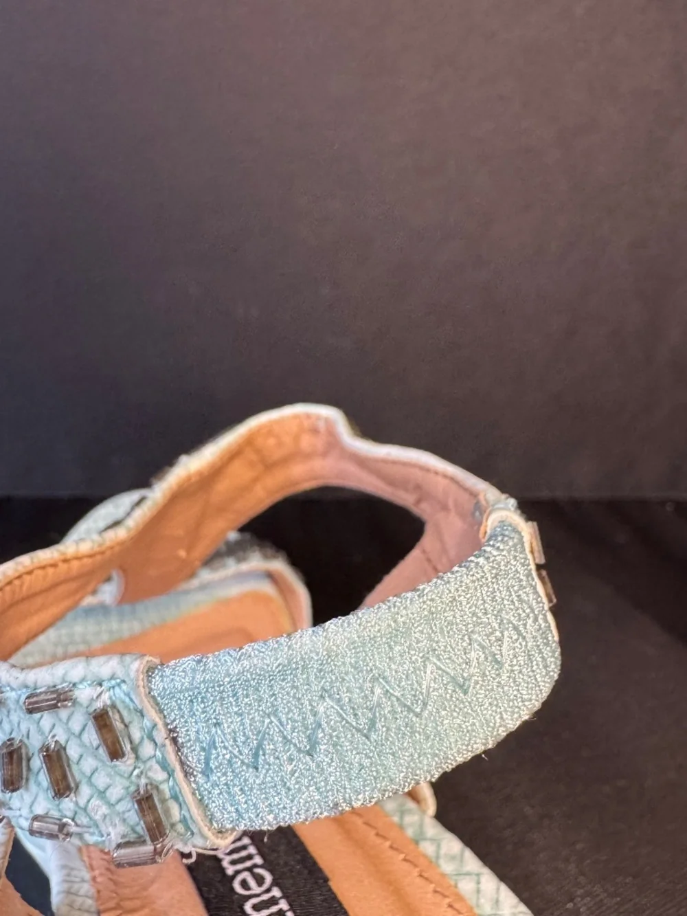 Theme Mint Green/Blue Snake Emb Beaded Wedge Sandals Size 6 T-Strap Heels